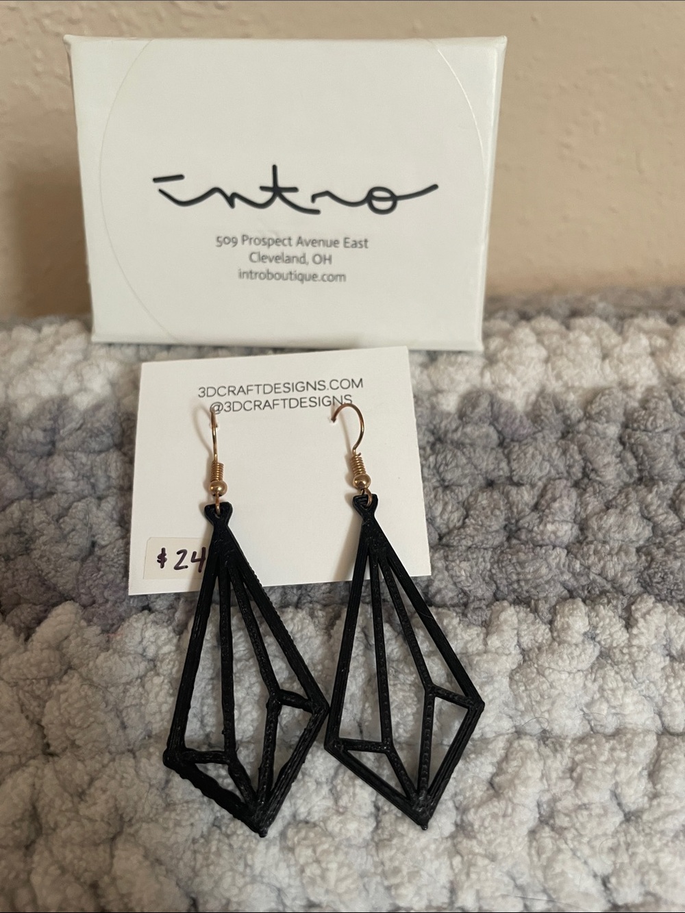 3-D Printed (in Cleveland, OH) Black Geometric Openwork Drop Earrings
